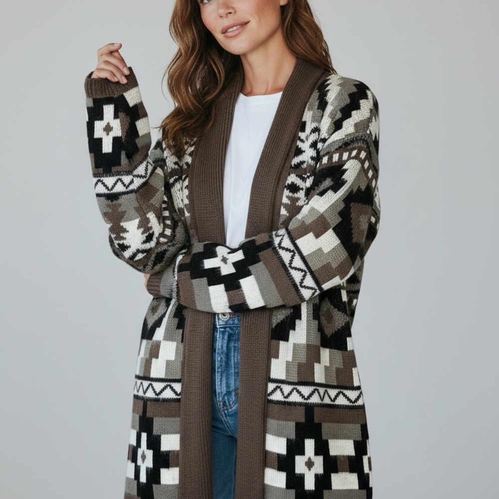 VTG Yarnworks Women Multi Aztec Western Boho Knit Open Front Cardigan Sweater L